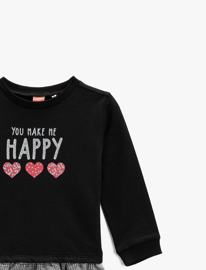  Kız Bebek Baskılı Sweatshirt Bisiklet Yaka Fırfır Detaylı