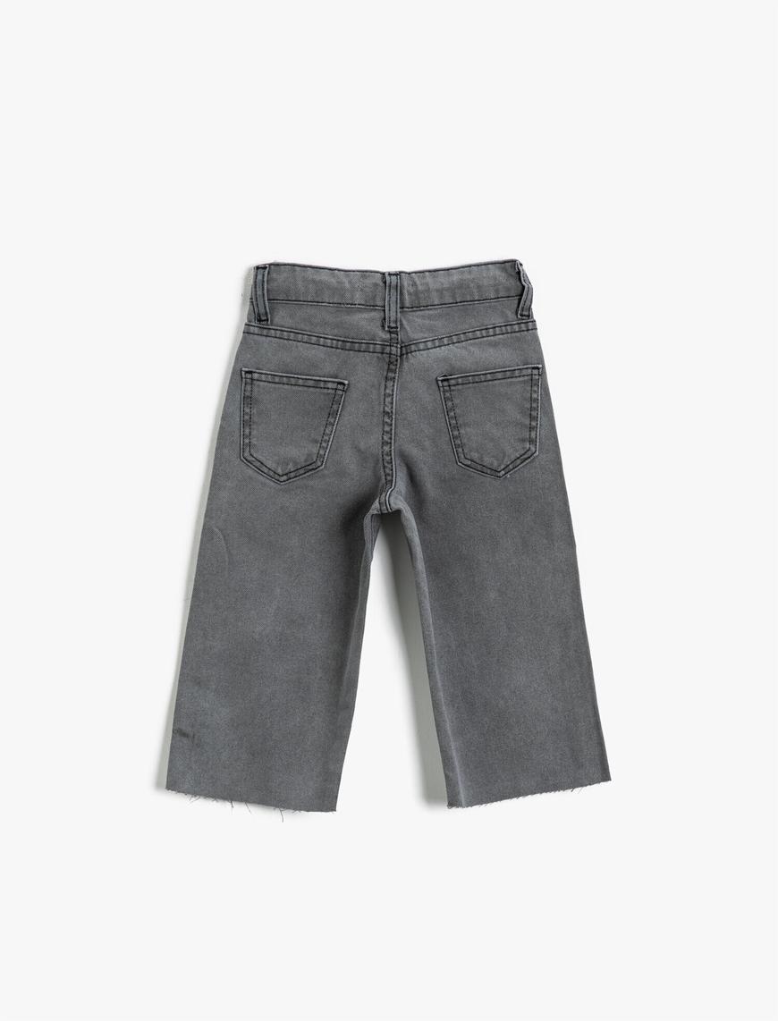  Kız Çocuk Kısa Bol Paça Kot Pantolon Pamuklu Cepli -Boot Cut Jean