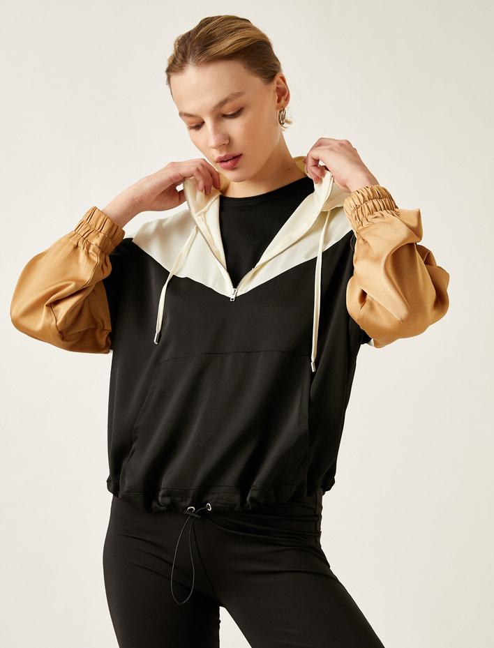  Kapüşonlu Kanguru Cepli Saten Görünümlü Bluz