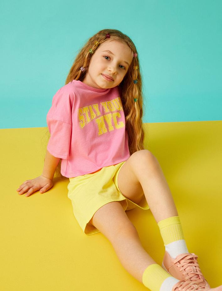 Kız Çocuk Slogan Baskılı Crop Tişört Pamuklu