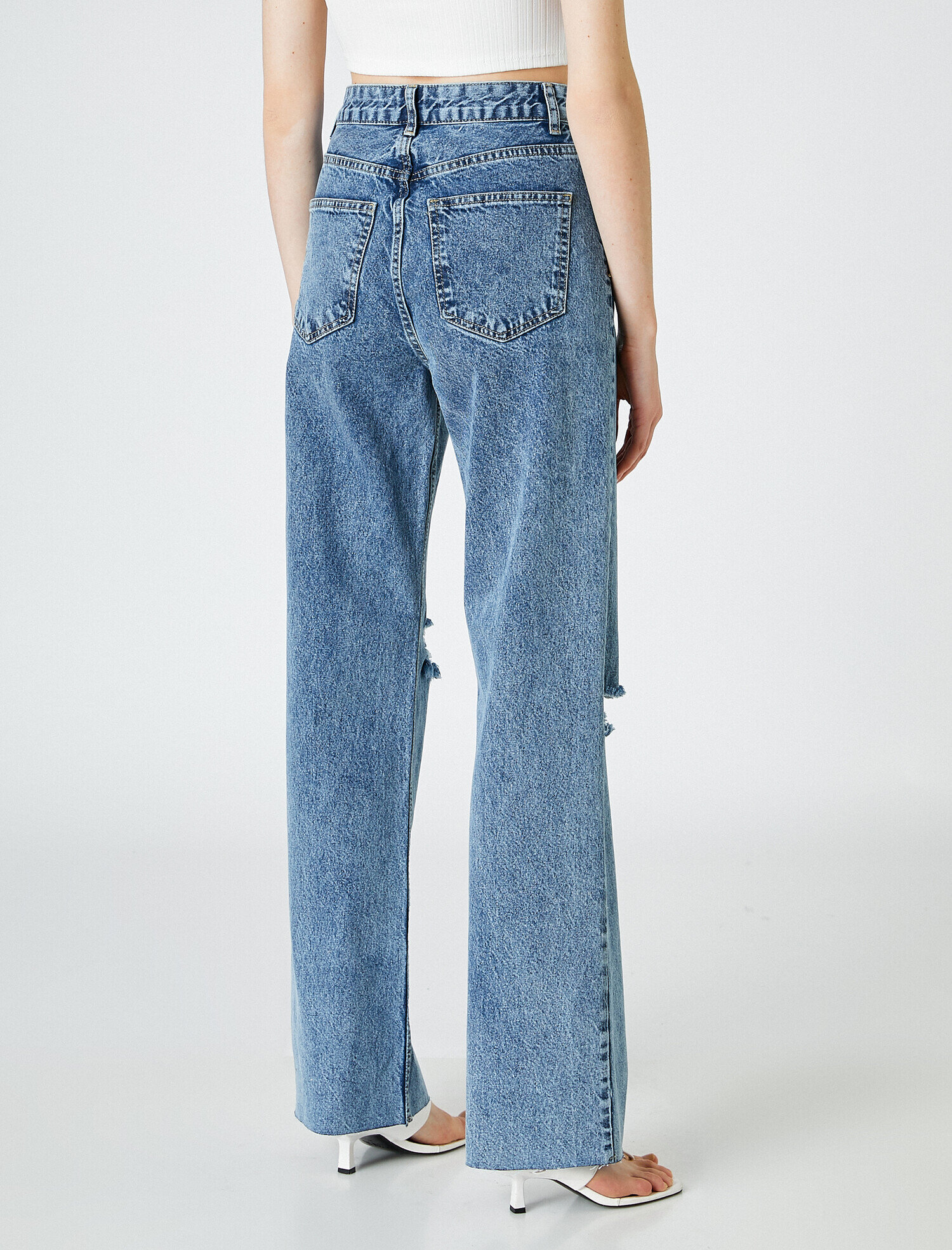   Yüksek Bel Dizleri Yırtık Kot Pantolon - Longer Straight Fit Jean