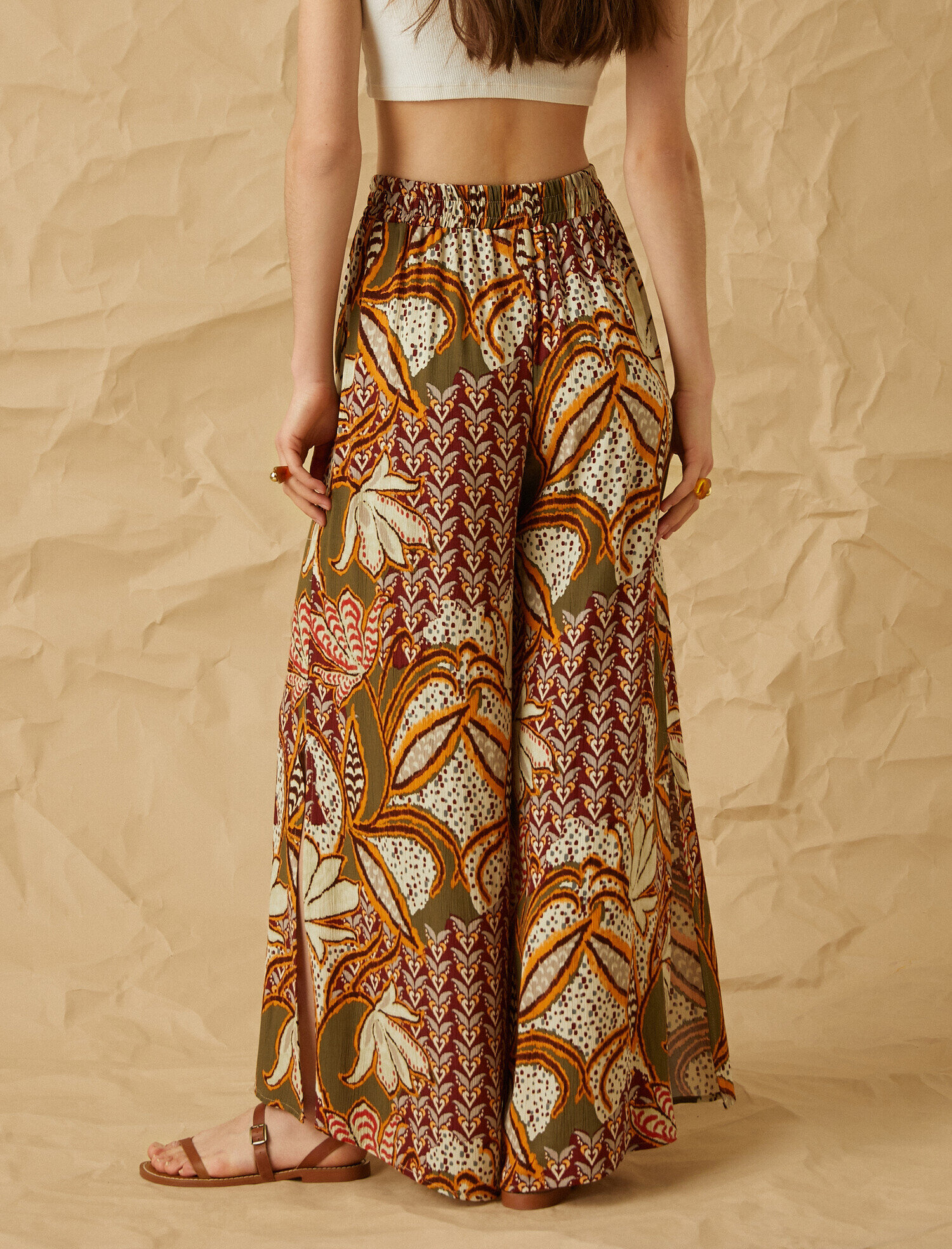   Yüksek Bel Desenli Bol Paçalı Pantolon