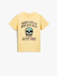 Sloganlı Kuru Kafa Baskılı Kısa Kollu Tişört Pamuklu Bisiklet Yaka