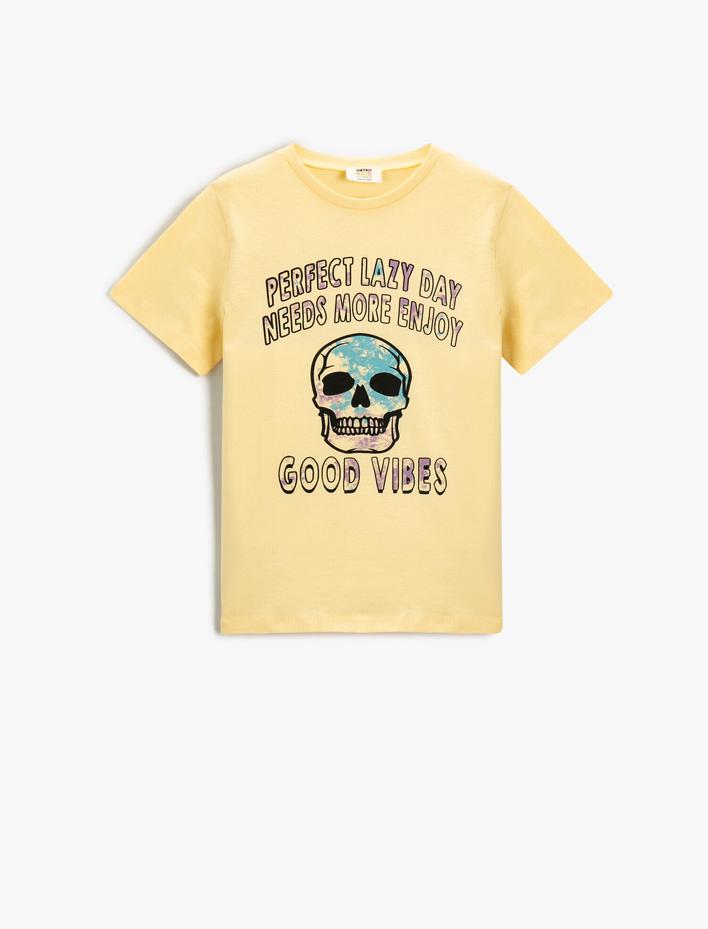 Erkek Çocuk Sloganlı Kuru Kafa Baskılı Kısa Kollu Tişört Pamuklu Bisiklet Yaka