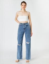 Yüksek Bel Dizleri Yırtık Kot Pantolon - Longer Straight Fit Jean
