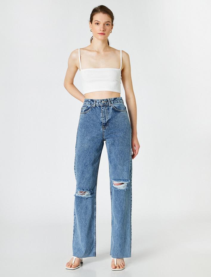  Yüksek Bel Dizleri Yırtık Kot Pantolon - Longer Straight Fit Jean