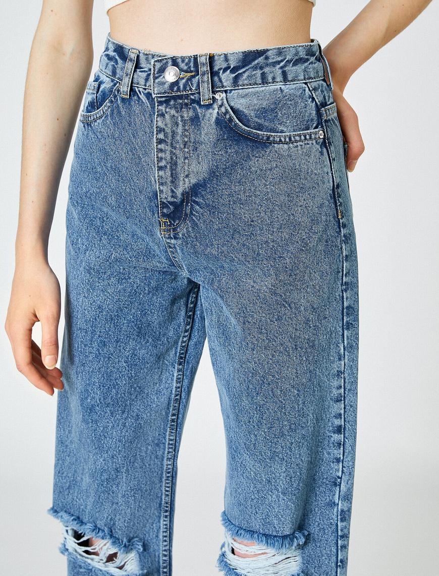  Yüksek Bel Dizleri Yırtık Kot Pantolon - Longer Straight Fit Jean