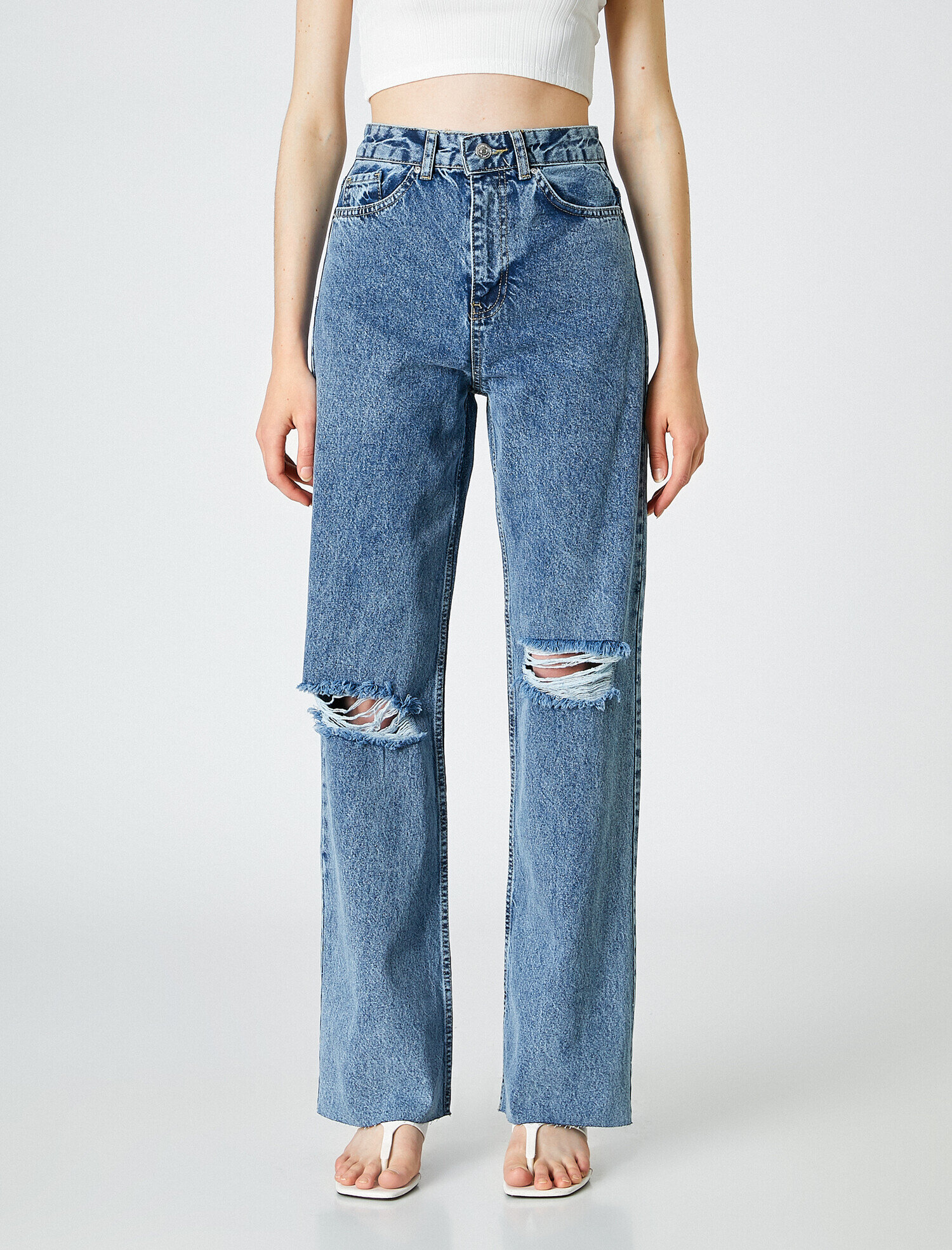   Yüksek Bel Dizleri Yırtık Kot Pantolon - Longer Straight Fit Jean