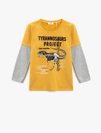 Dinozor Baskılı Tişört Uzun Kollu Pamuklu