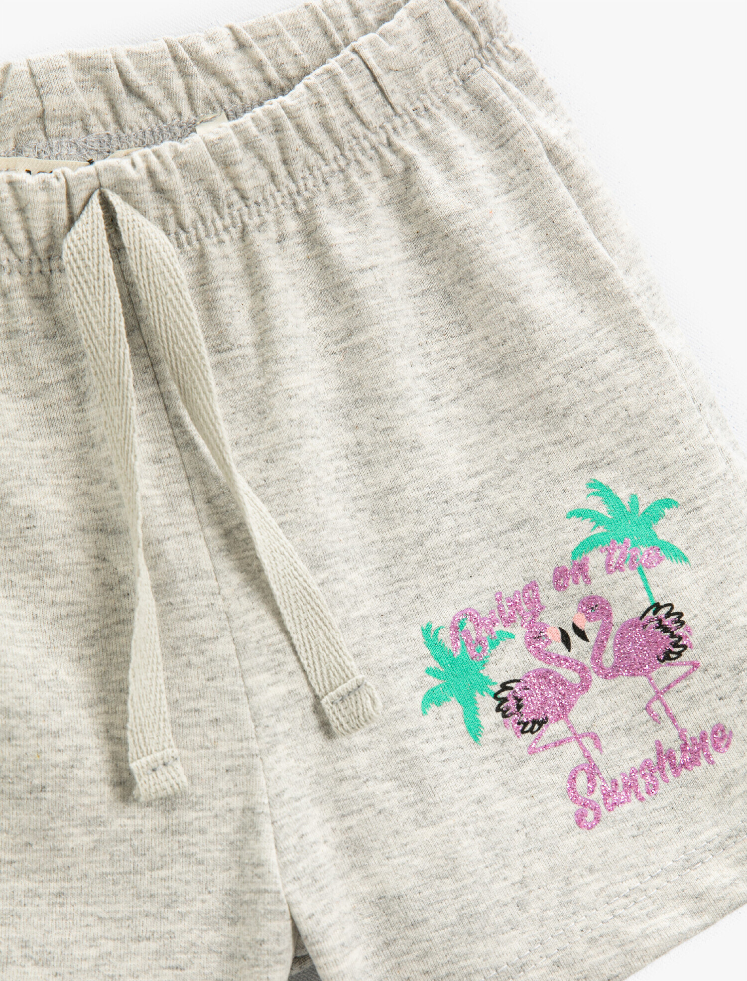  Kız Çocuk Şort Pamuklu Beli Bağcıklı Flamingo Baskılı