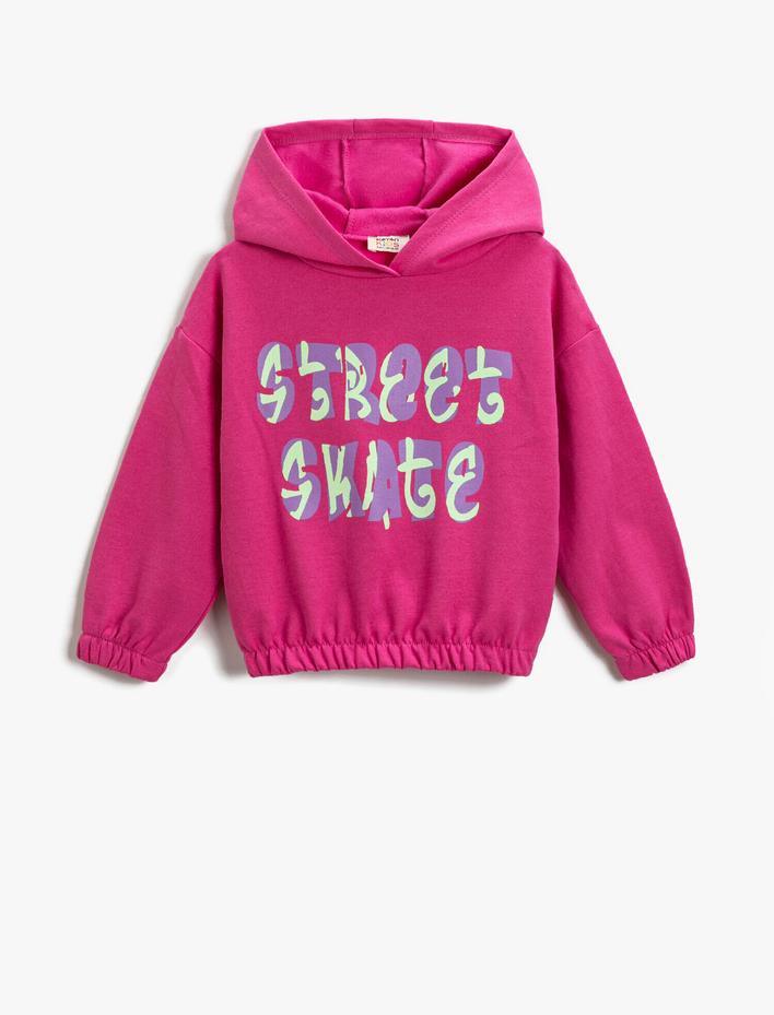 Kız Çocuk Baskılı Kapüşonlu Sweatshirt Pamuklu