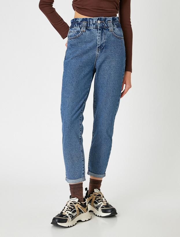   Beli Lastikli Yüksek Bel Kot Pantolon - Mom Jean