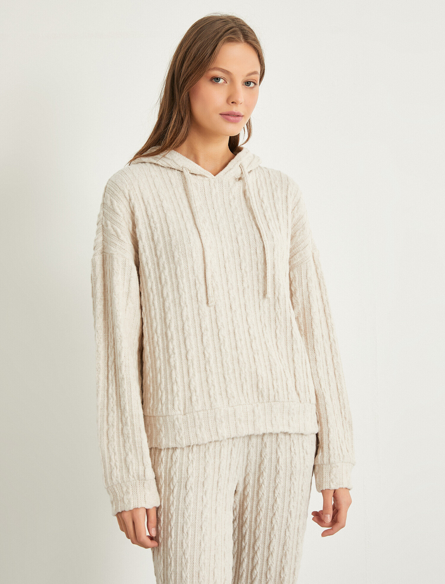   Kapüşonlu Örgü Desenli Pijama Üstü