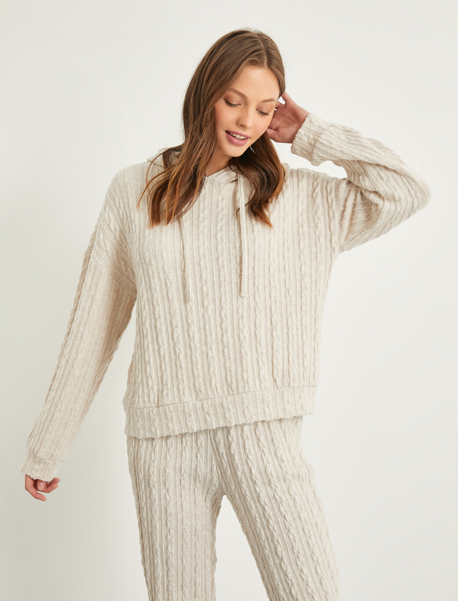   Kapüşonlu Örgü Desenli Pijama Üstü