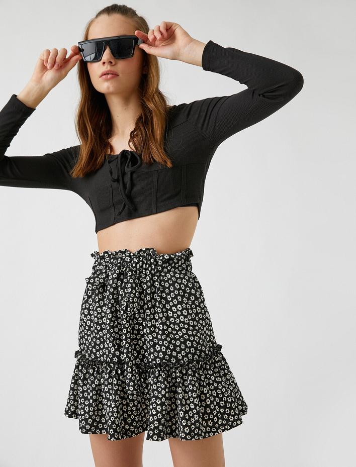  Çiçekli Fırfırlı Mini Etek