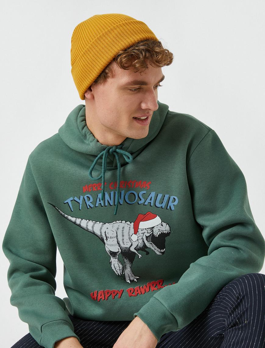   Yılbaşı Dinozor Baskılı Kapüşonlu Sweatshirt