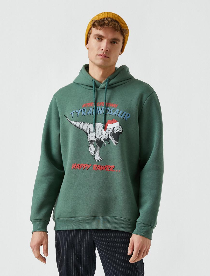   Yılbaşı Dinozor Baskılı Kapüşonlu Sweatshirt