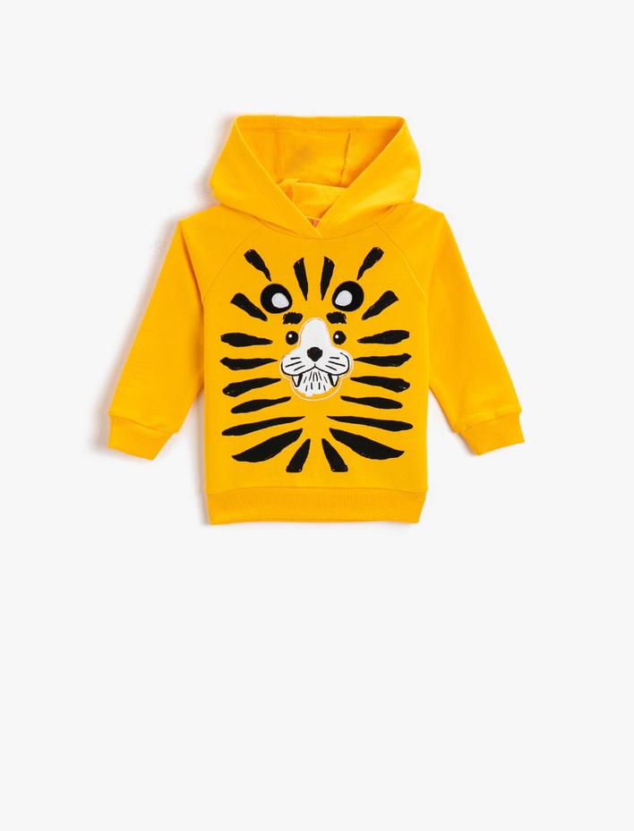 Erkek Bebek Hayvan Baskılı Kapüşonlu Sweatshirt Pamuklu