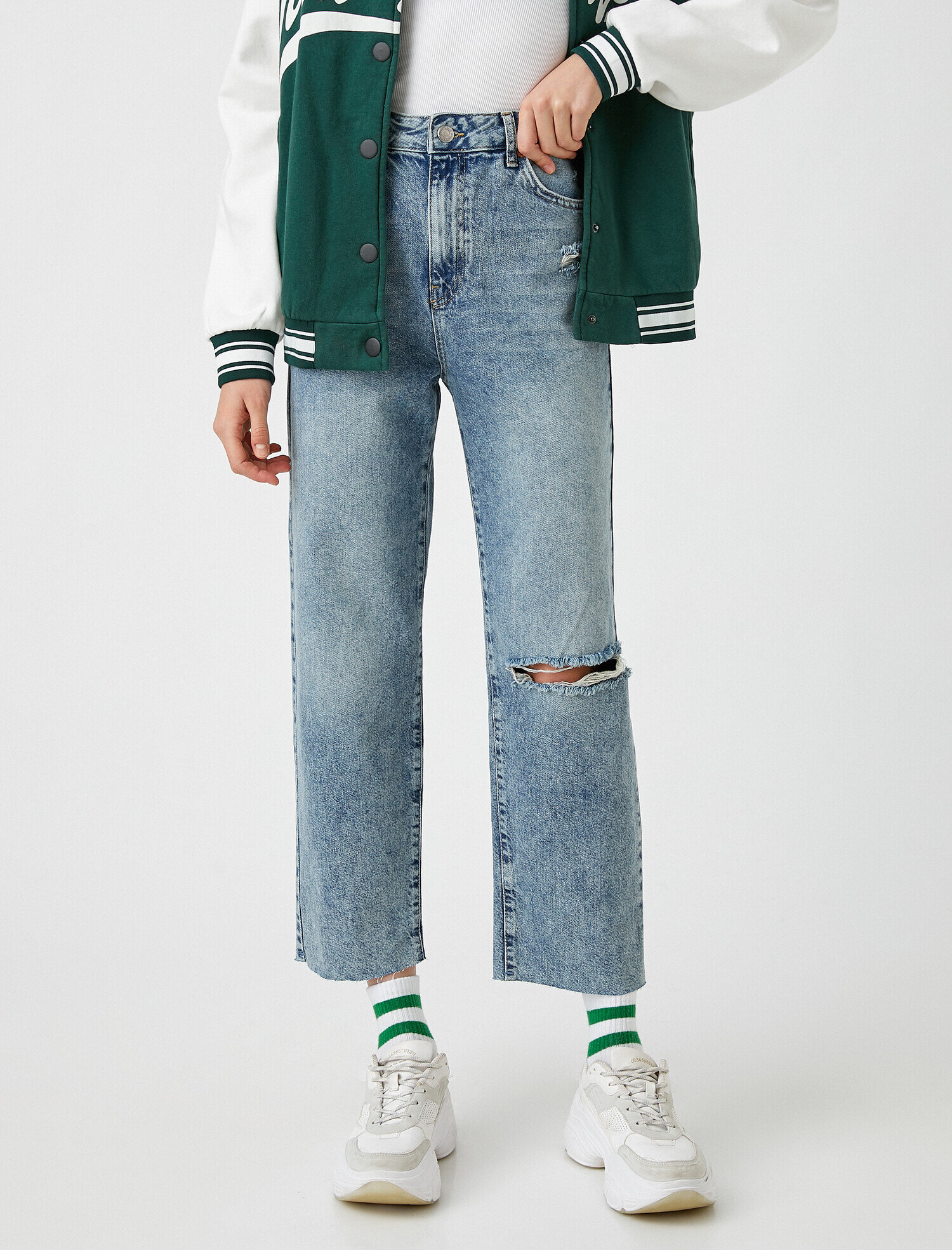   Yüksek Bel Dizi Yırtık Kot Pantolon - Straight Jean