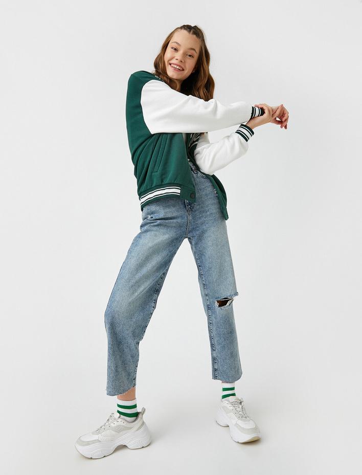  Yüksek Bel Dizi Yırtık Kot Pantolon - Straight Jean