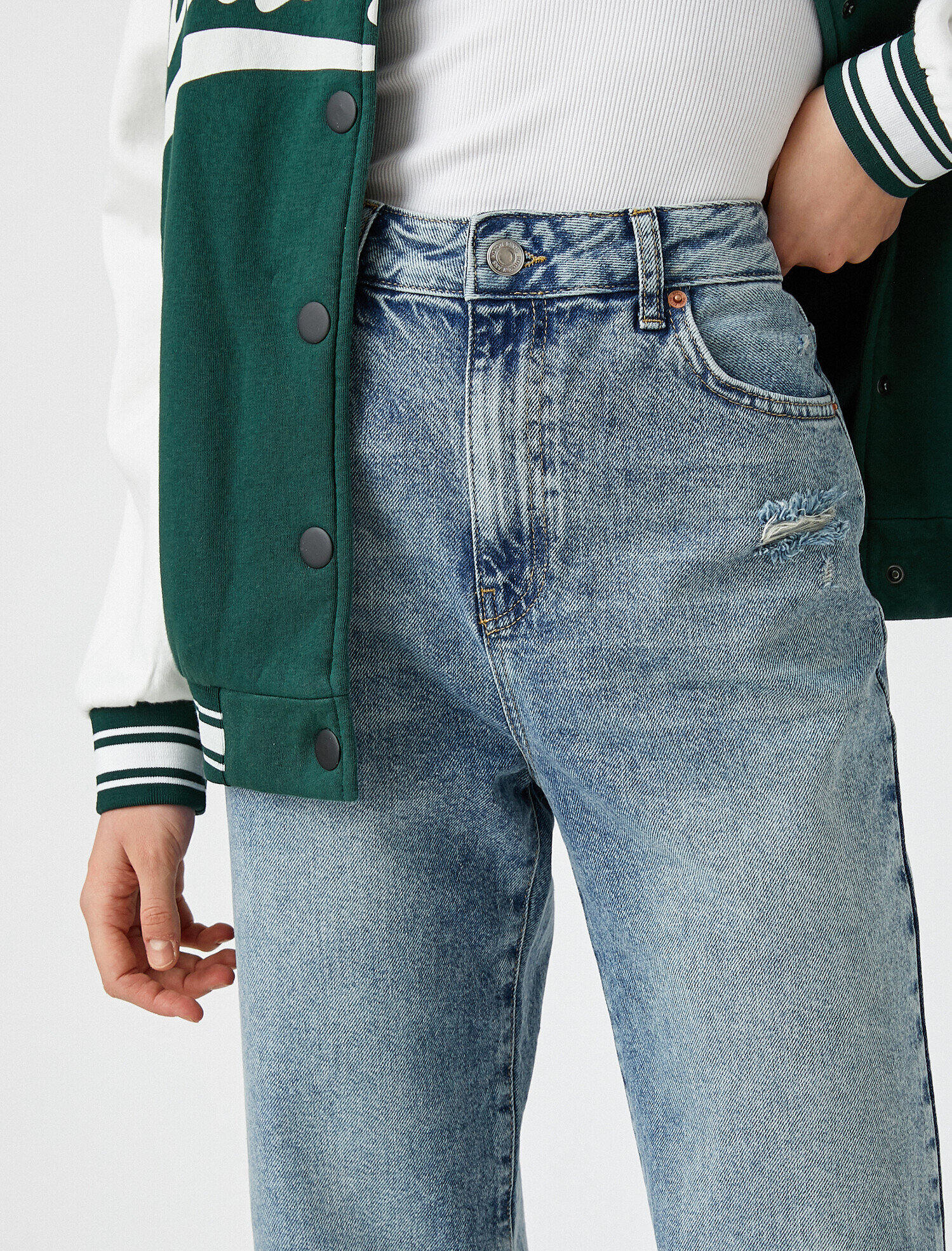   Yüksek Bel Dizi Yırtık Kot Pantolon - Straight Jean