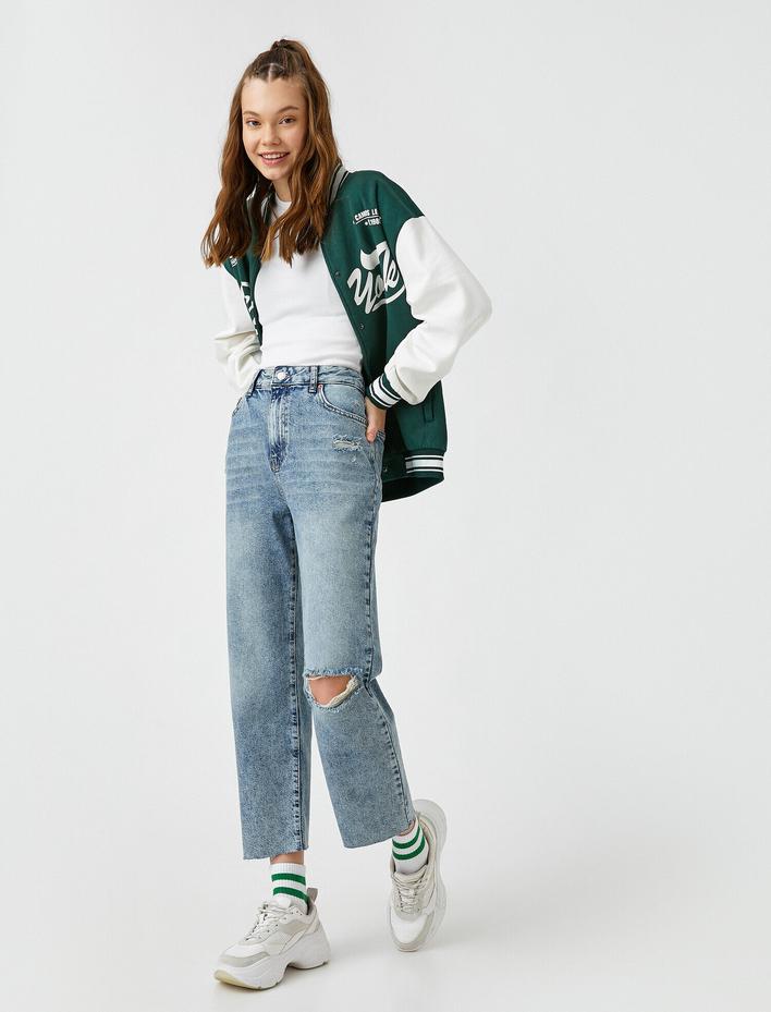  Yüksek Bel Dizi Yırtık Kot Pantolon - Straight Jean