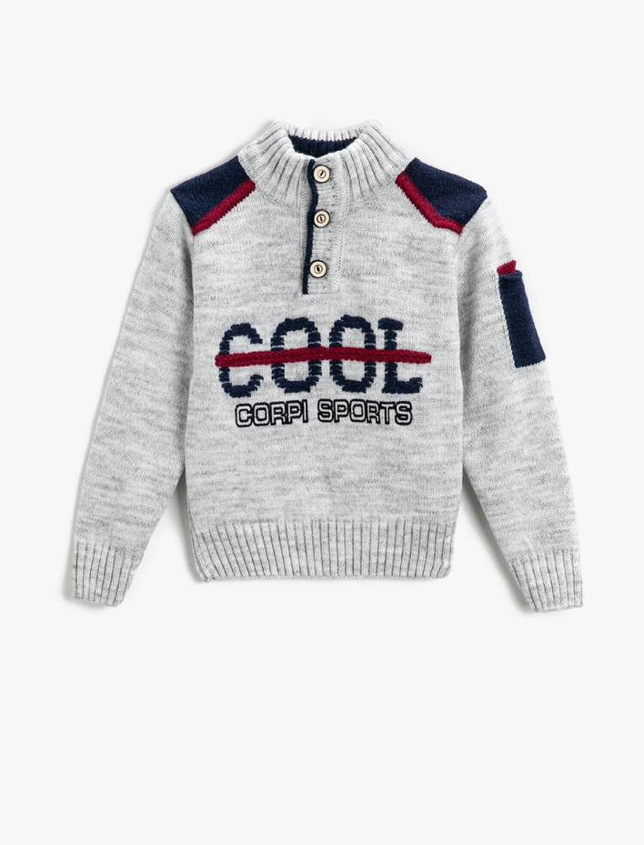 Erkek Çocuk Slogan Baskılı Triko Boğazlı Kazak Yakası Düğmeli