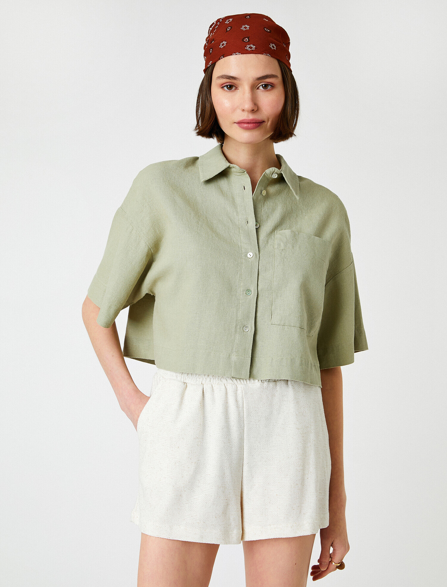   Kısa Kollu Crop Keten Gömlek