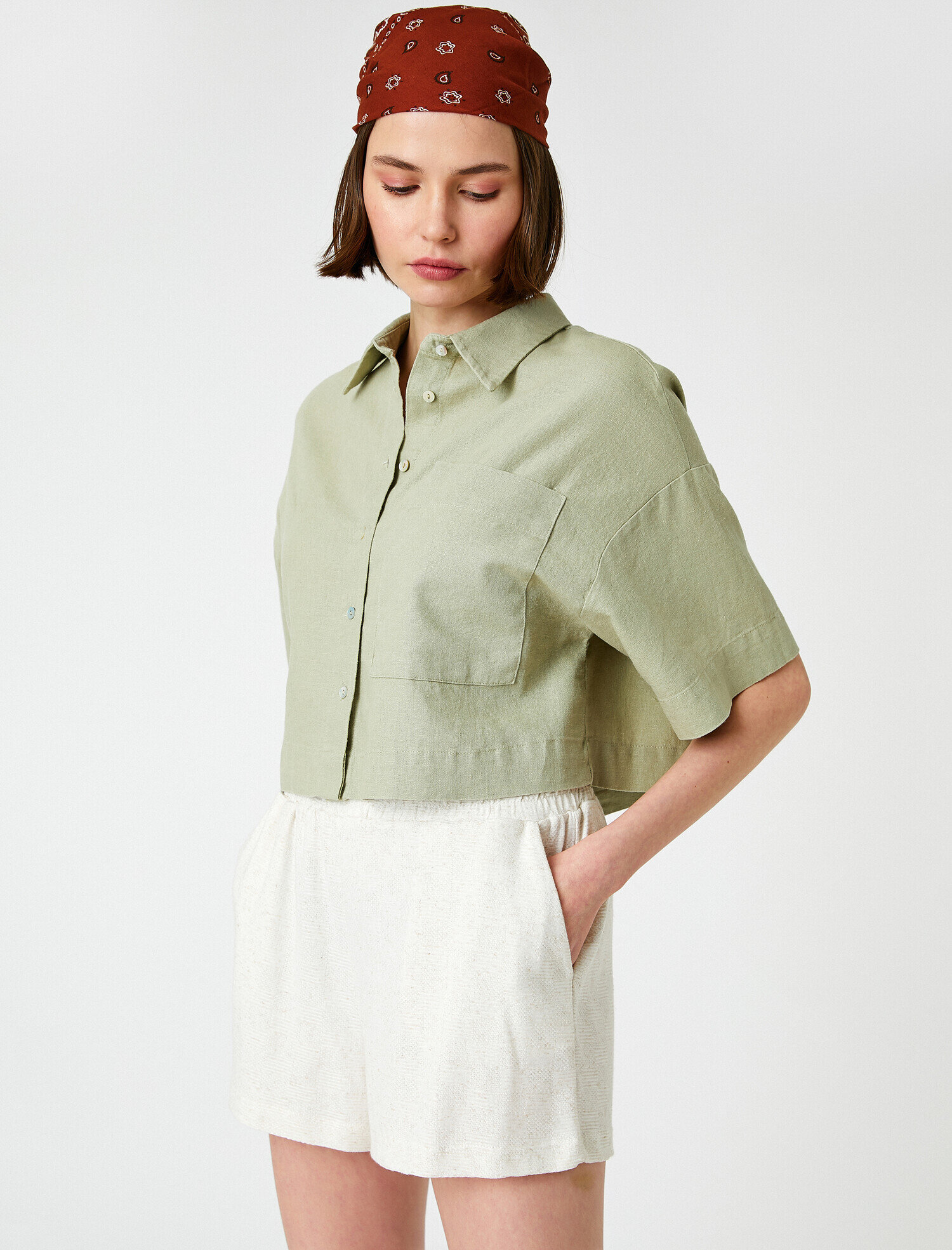   Kısa Kollu Crop Keten Gömlek