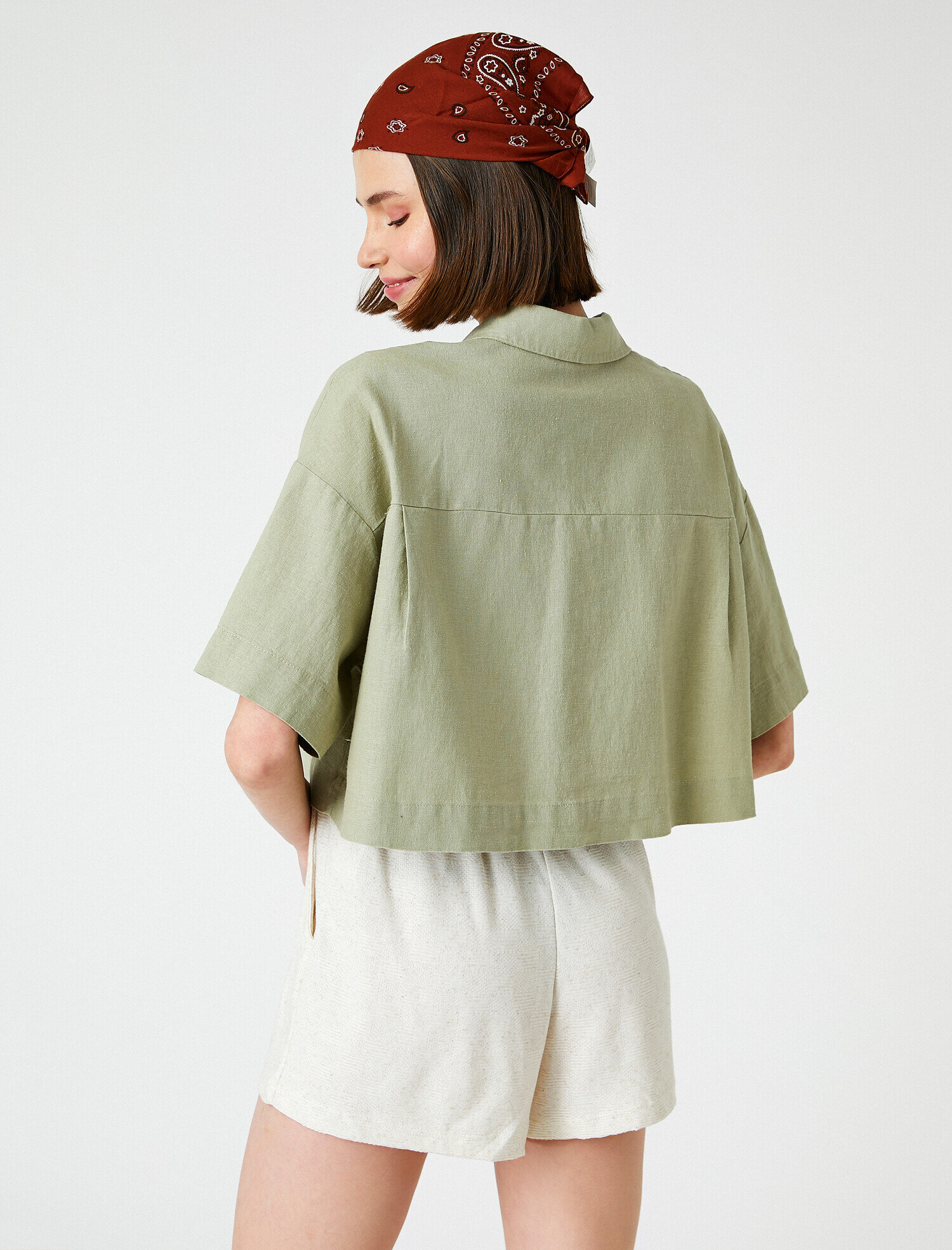   Kısa Kollu Crop Keten Gömlek