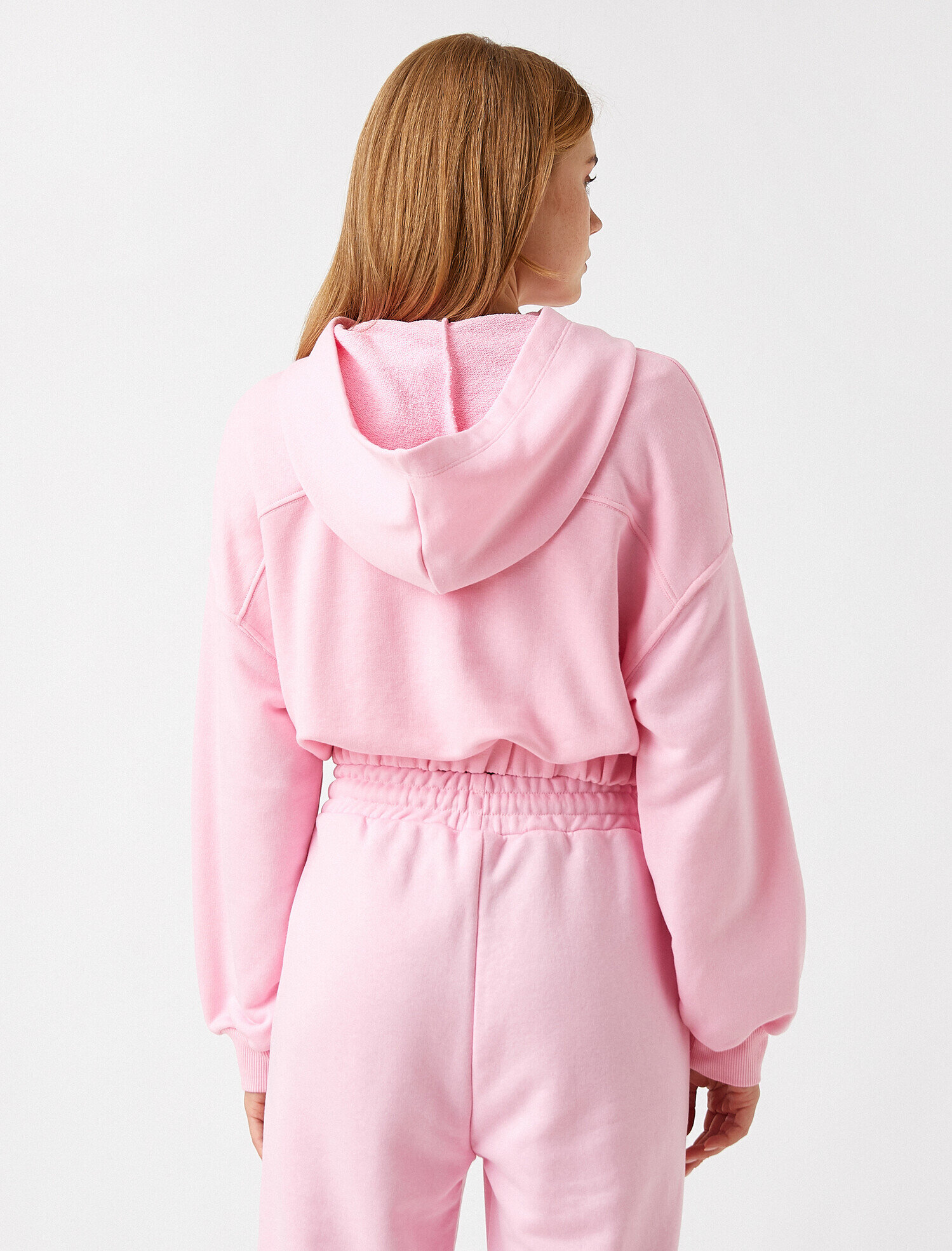   Beli Lastikli Kapüşonlu Baskılı Crop Sweatshirt