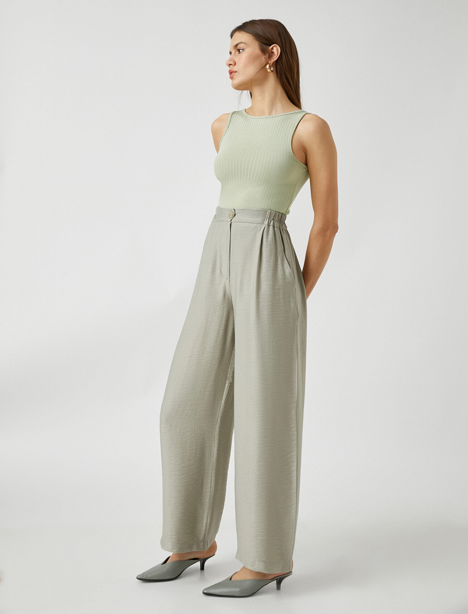   Yüksek Bel Bol Paça Cepli Pantolon