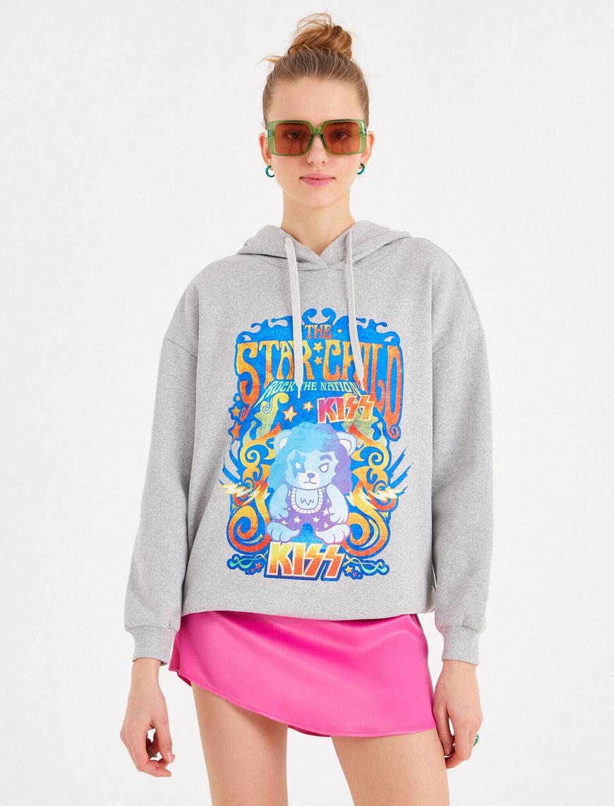   Oversize Sweatshirt Kapüşonlu Baskılı Kiss Lisanslı
