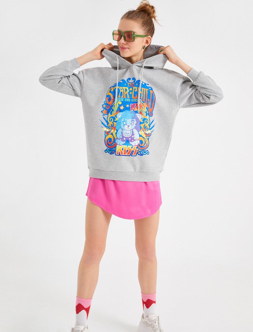   Oversize Sweatshirt Kapüşonlu Baskılı Kiss Lisanslı