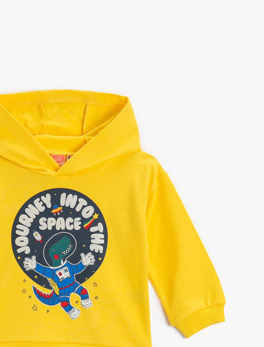  Erkek Bebek Astronot Dinozor Baskılı Kapüşonlu Sweatshirt Pamuklu