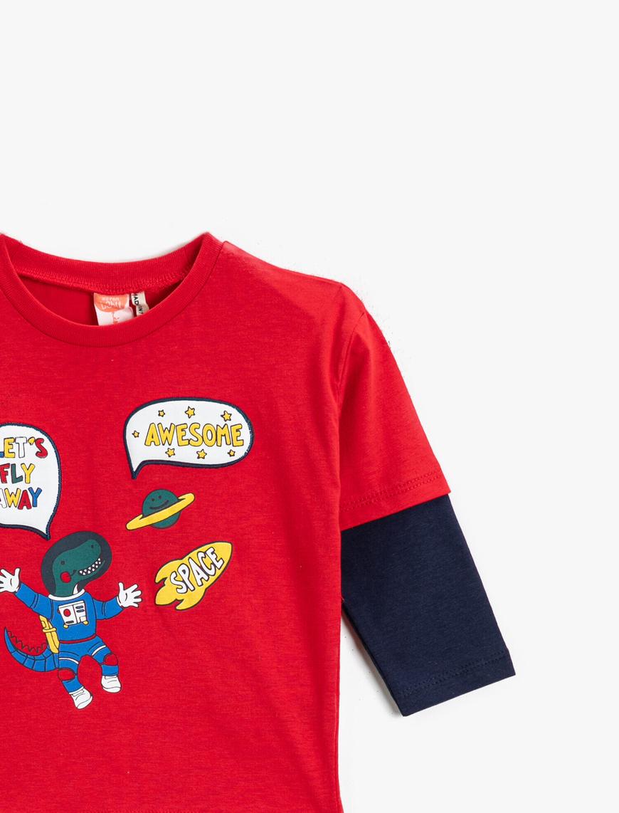 Erkek Bebek Astronot Dinozor Baskılı Tişört Uzun Kollu Pamuklu