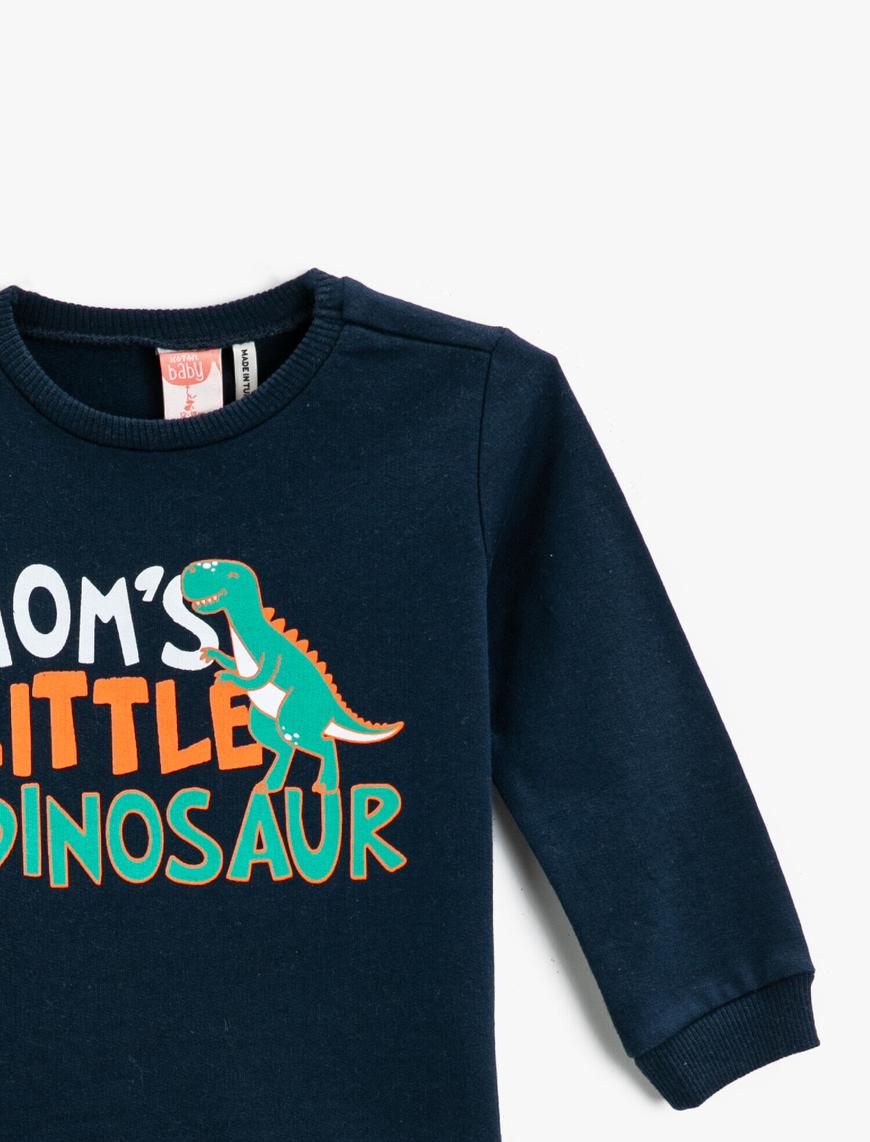  Erkek Bebek Dinozor Baskılı Sweatshirt Bisiklet Yaka Pamuklu