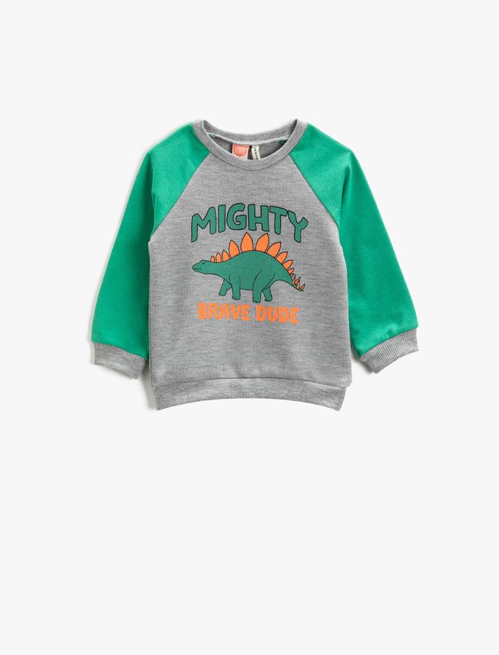 Erkek Bebek Dinozor Baskılı Sweatshirt Bisiklet Yaka