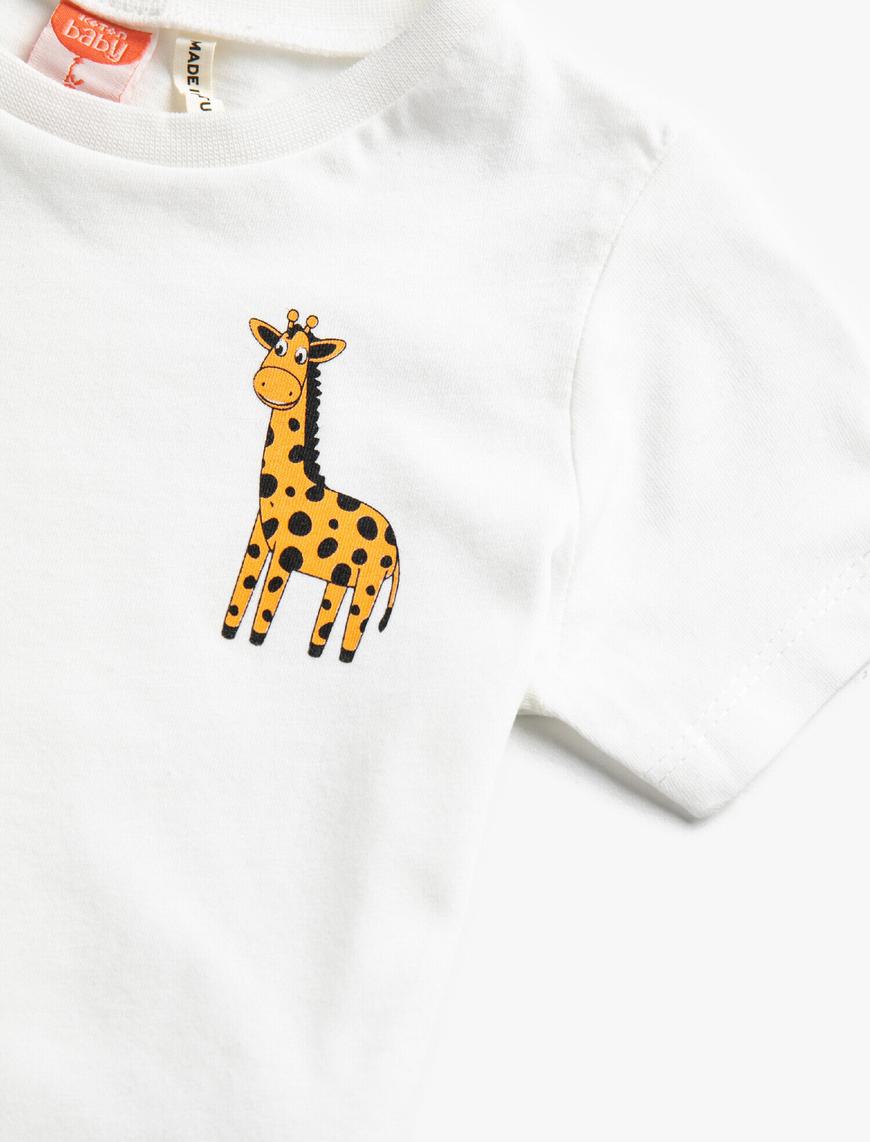  Erkek Bebek Zürafa Baskılı Kısa Kollu Tişört Pamuklu