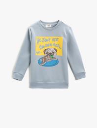 Köpek Baskılı Uzun Kollu Sweatshirt Bisiklet Yaka