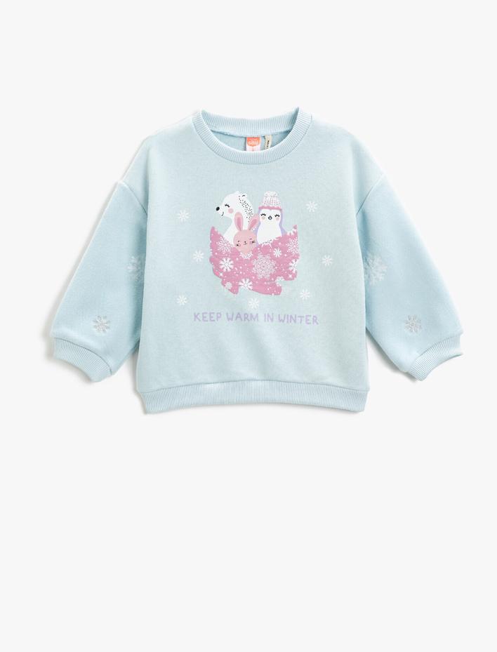 Kız Bebek Baskılı Sweatshirt Bisiklet Yaka Pamuklu