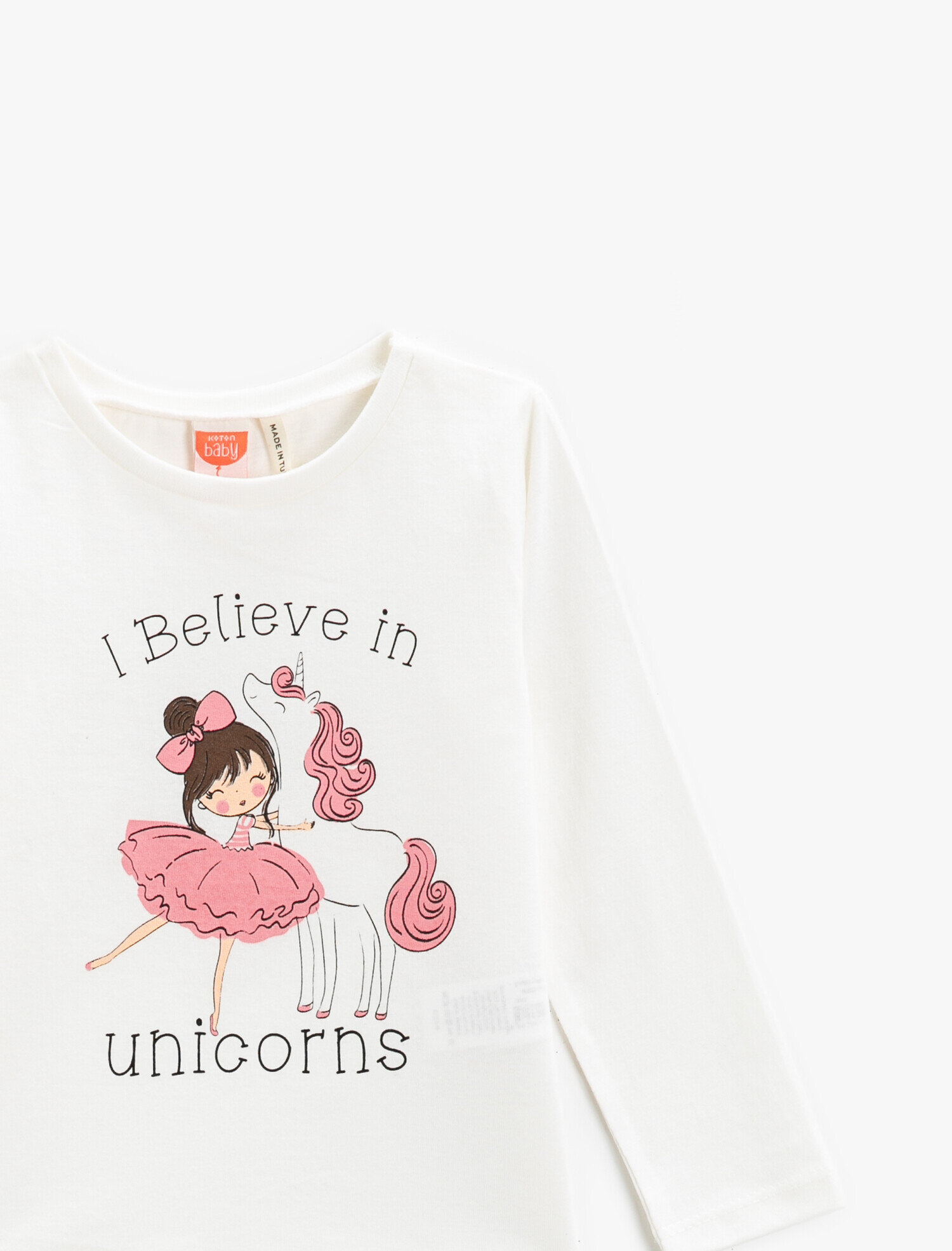  Kız Bebek Unicorn Baskılı Tişört Uzun Kollu Bisiklet Yaka Pamuklu