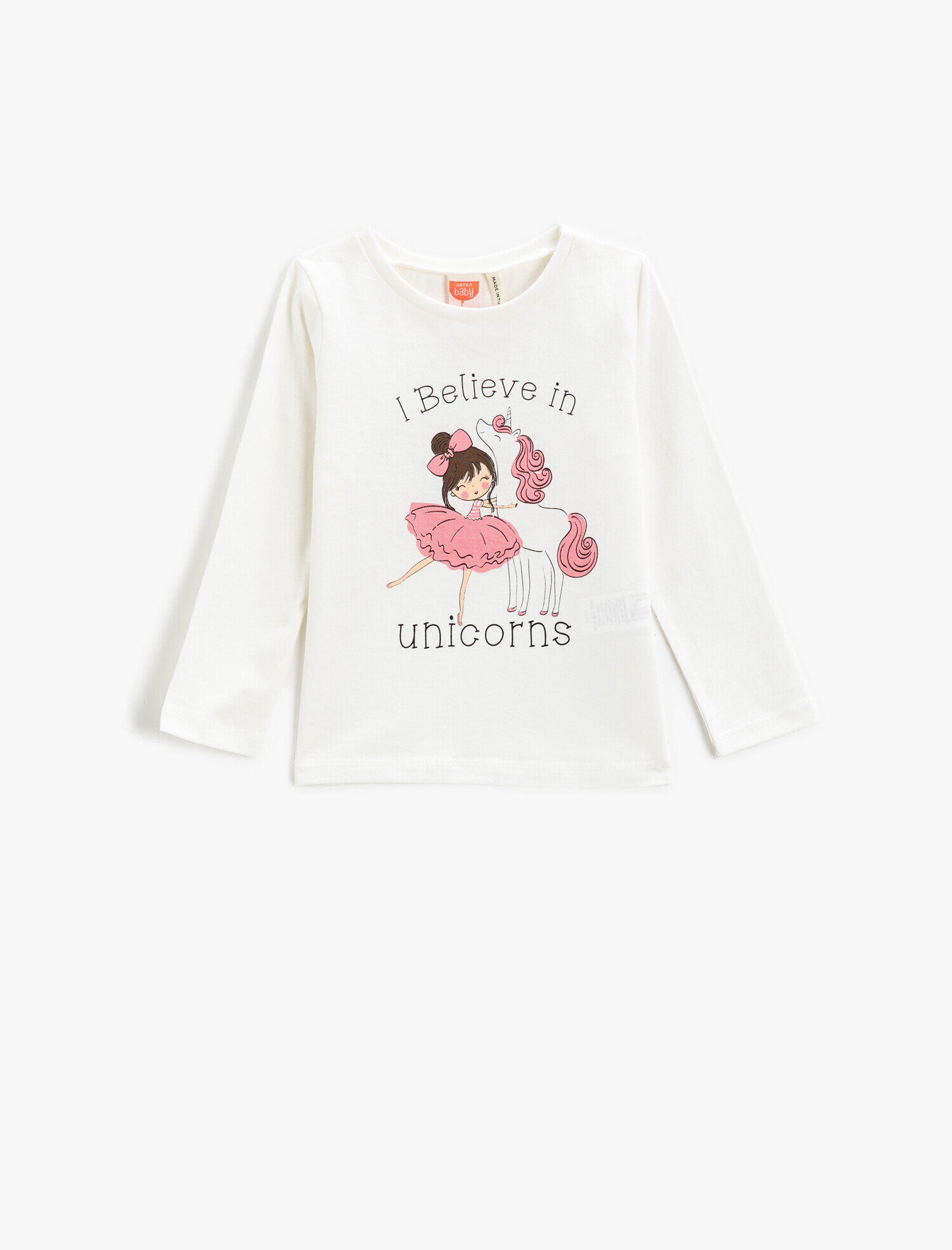  Kız Bebek Unicorn Baskılı Tişört Uzun Kollu Bisiklet Yaka Pamuklu