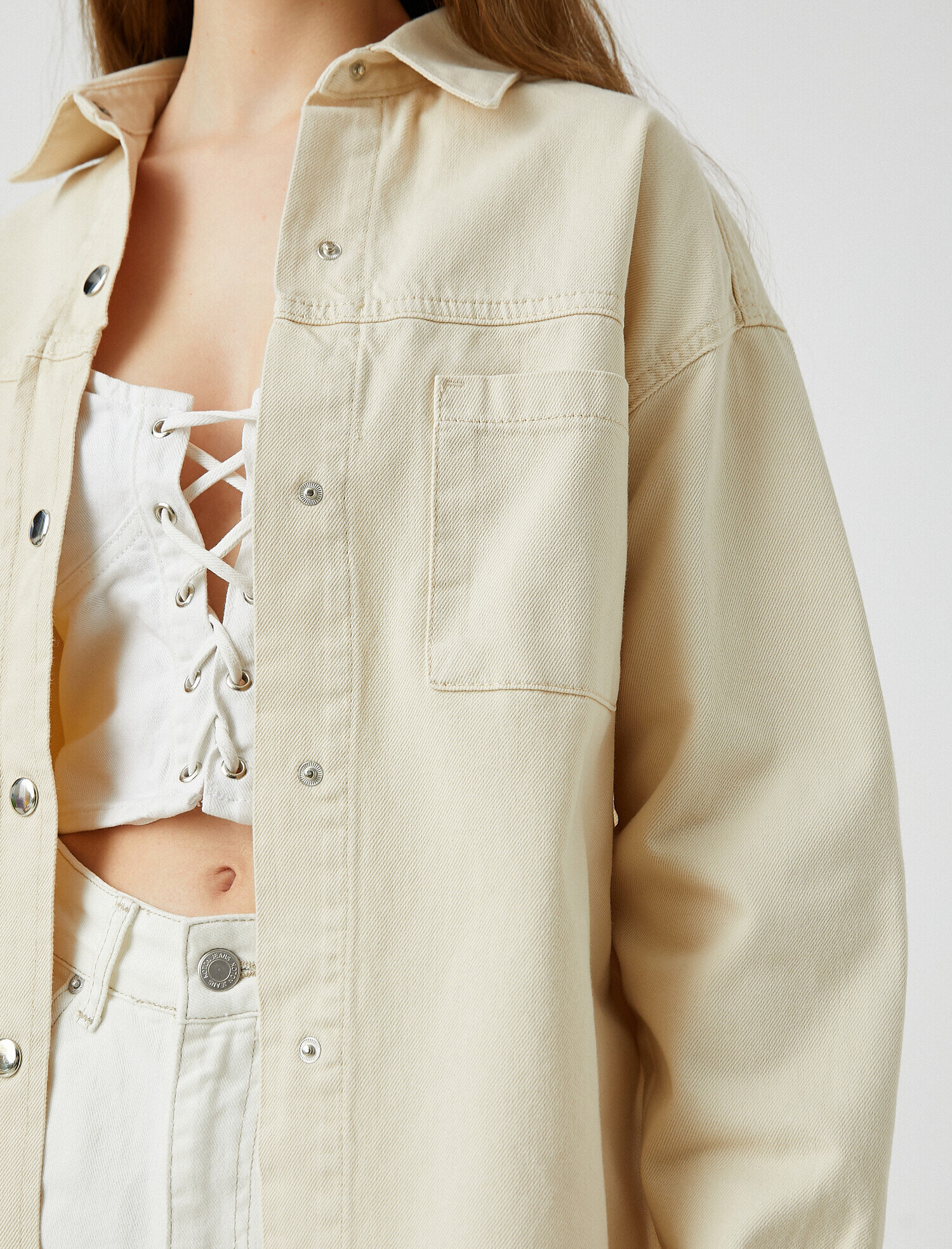   Uzun Kollu Cepli Kot Ceket