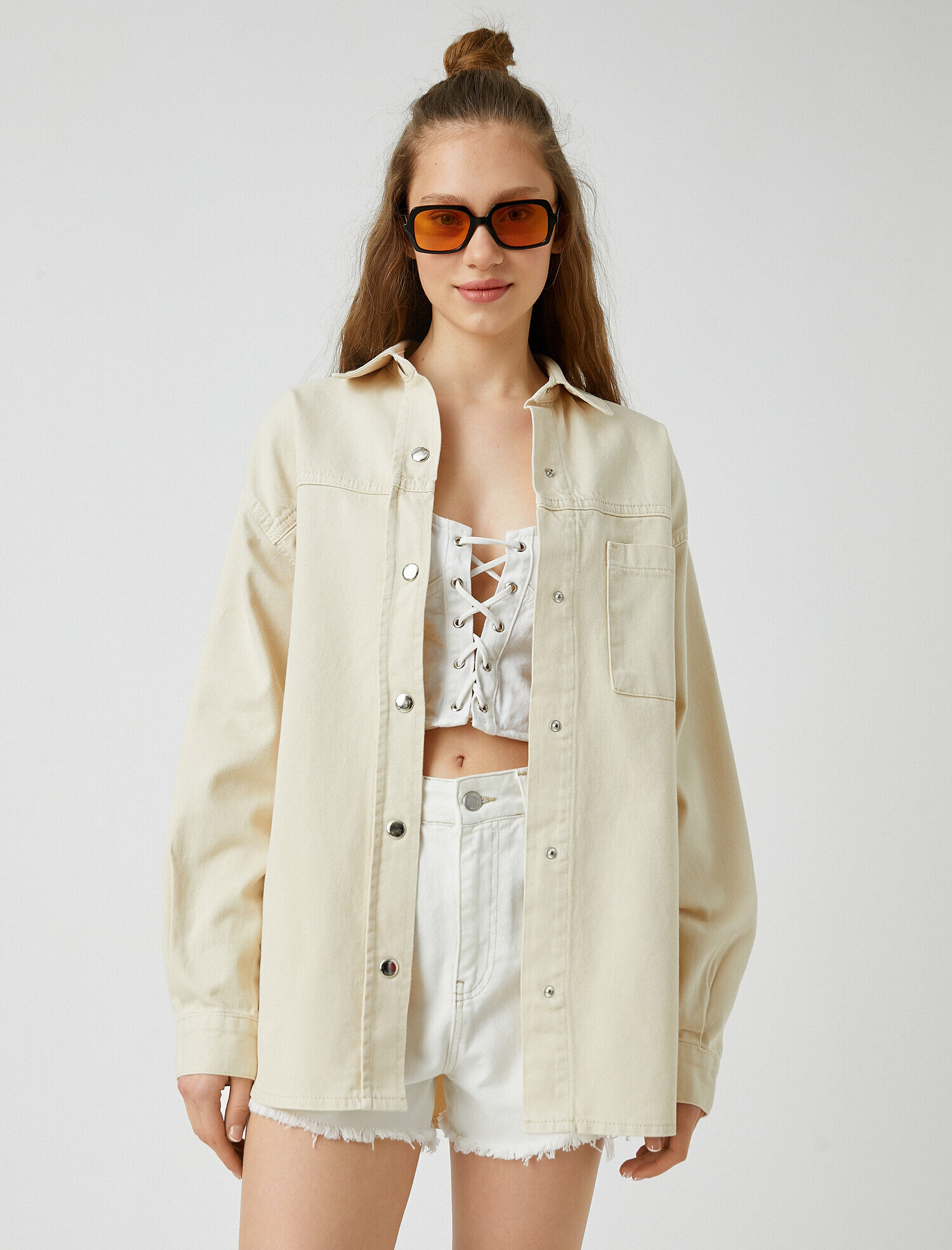   Uzun Kollu Cepli Kot Ceket