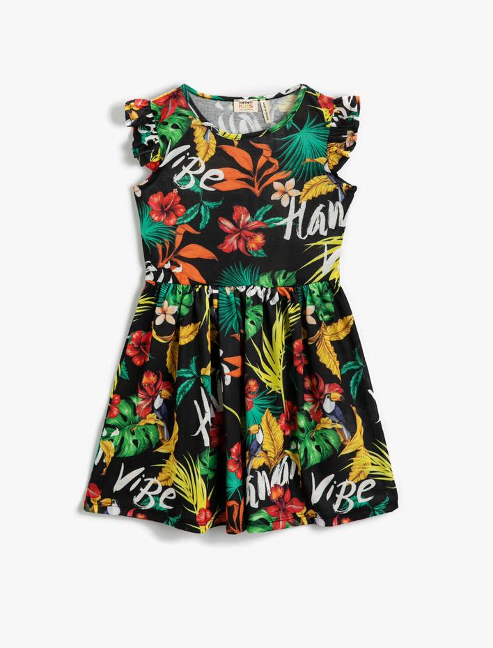 Kız Çocuk Elbise Çiçekli Kısa Kollu Bisiklet Yaka