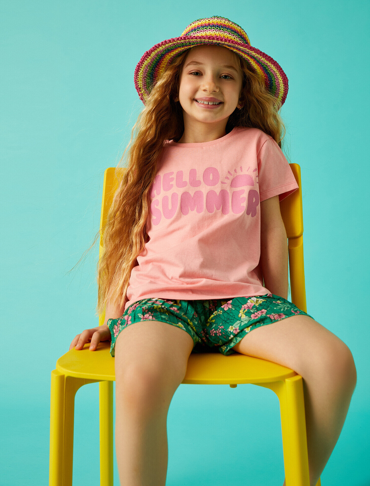  Kız Çocuk Yaz Temalı Slogan Baskılı Tişört Pamuklu Kısa Kollu