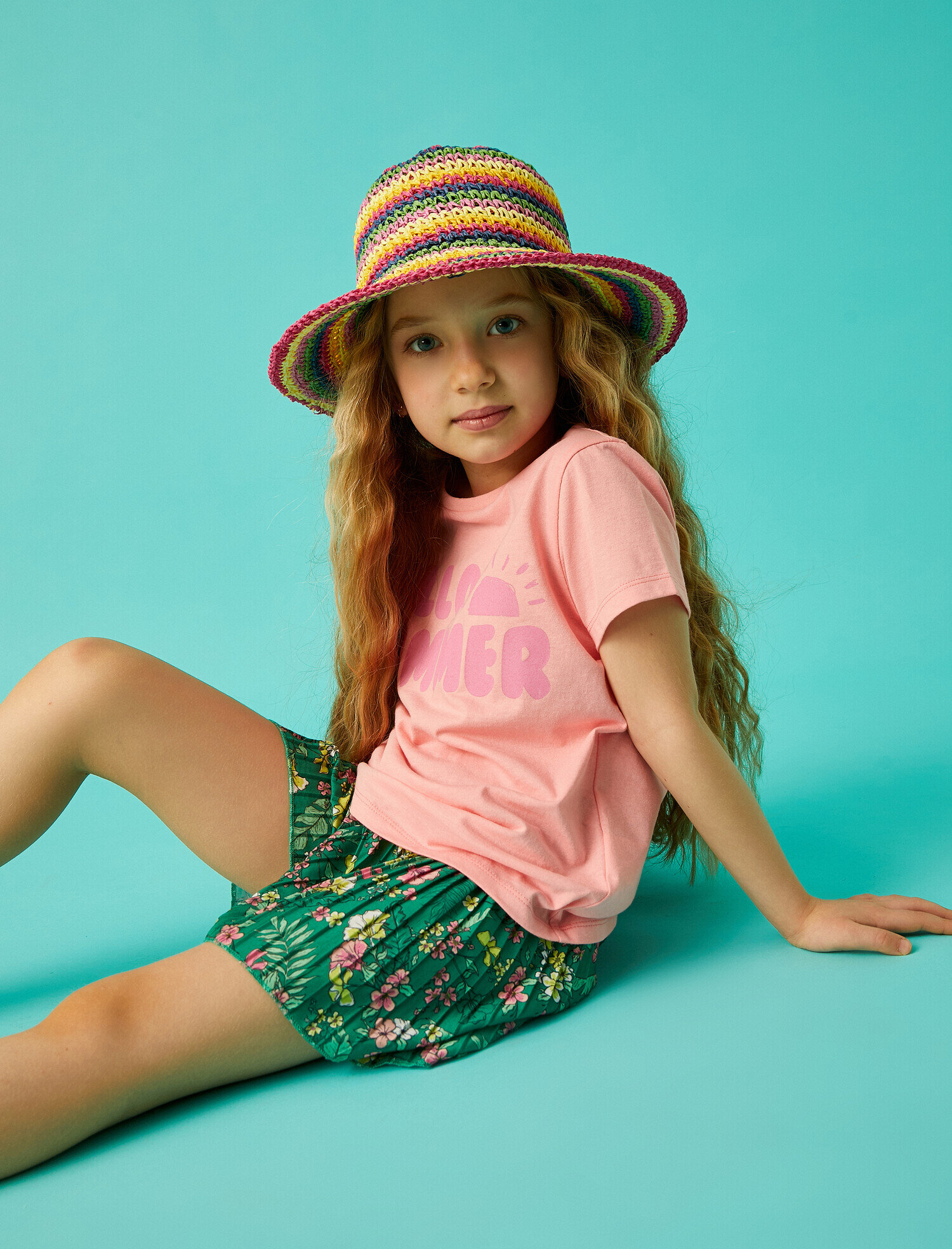  Kız Çocuk Yaz Temalı Slogan Baskılı Tişört Pamuklu Kısa Kollu