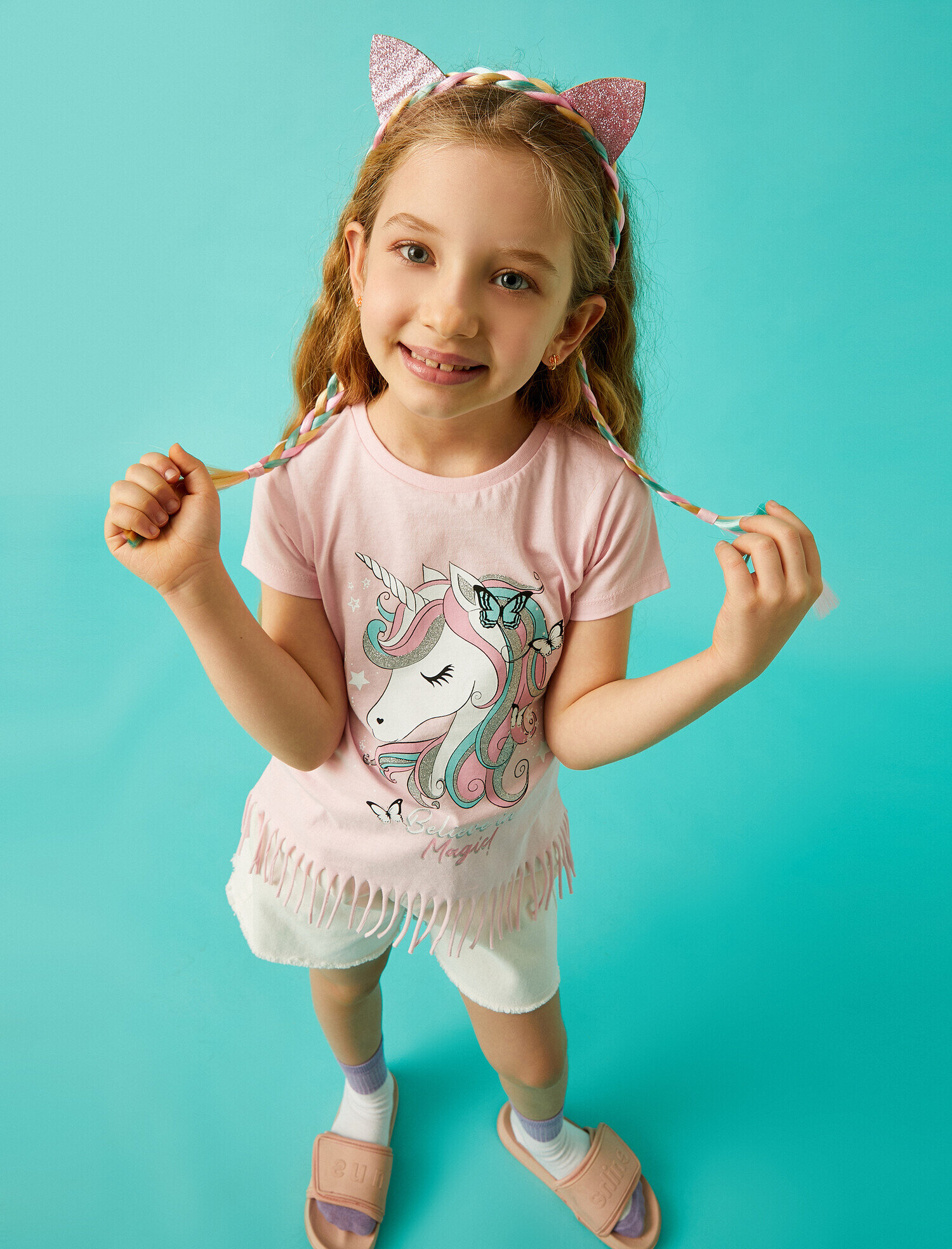  Kız Çocuk Unicorn Baskılı Püsküllü Tişört Kısa Kollu Pamuklu