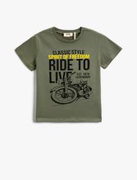 Motosiklet Baskılı Bisiklet Yaka Tişört Pamuklu
